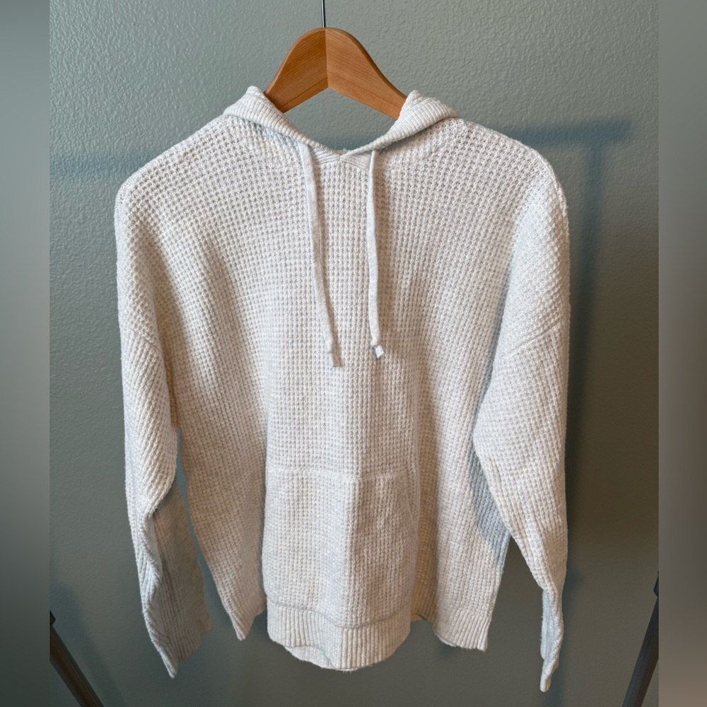 Aerie Light Gray Waffle Knit Hooded Sweater